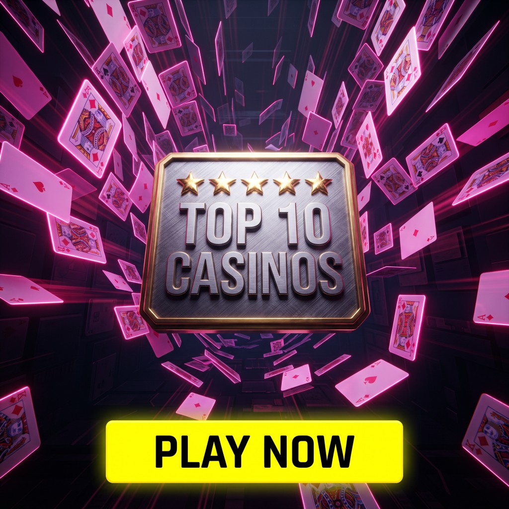 Top 10 Casinos promotional banner with neon cards and a Play Now button